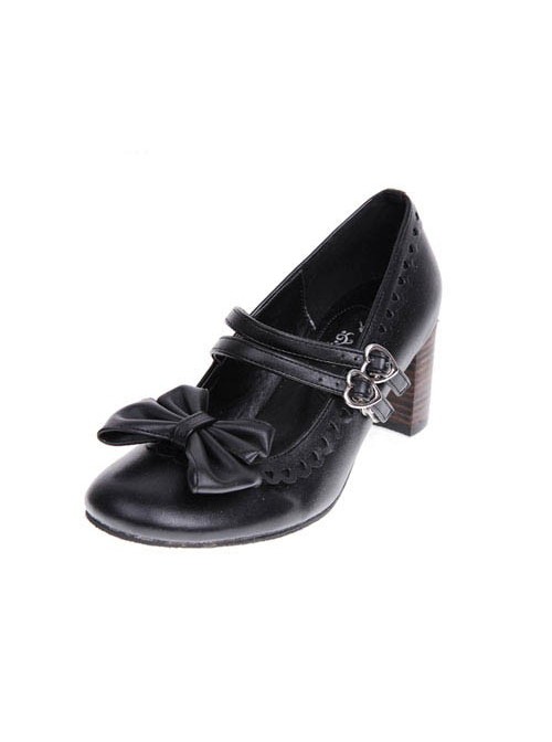 Black 2.5" Heel High Beautiful Synthetic Leather Point Toe Bow Platform Girls Lolita Shoes