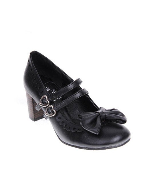 Black 2.5" Heel High Beautiful Synthetic Leather Point Toe Bow Platform Girls Lolita Shoes