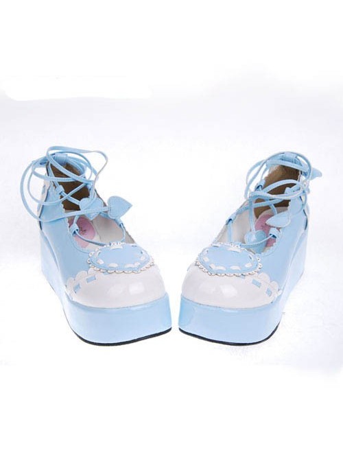 Sky-Blue 2.4" Heel High Special PU Round Toe Ankle Straps Platform Girls Lolita Shoes