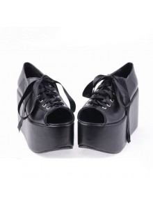 Black 3.9" Heel High Lovely Patent Leather Point Toe Cross Straps Platform Women Lolita Shoes