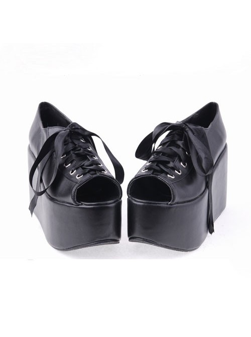 Black 3.9" Heel High Lovely Patent Leather Point Toe Cross Straps Platform Women Lolita Shoes