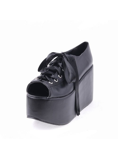 Black 3.9" Heel High Lovely Patent Leather Point Toe Cross Straps Platform Women Lolita Shoes