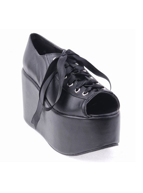 Black 3.9" Heel High Lovely Patent Leather Point Toe Cross Straps Platform Women Lolita Shoes