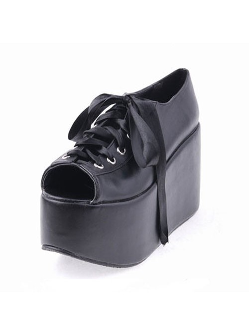 Black 3.9" Heel High Lovely Patent Leather Point Toe Cross Straps Platform Women Lolita Shoes