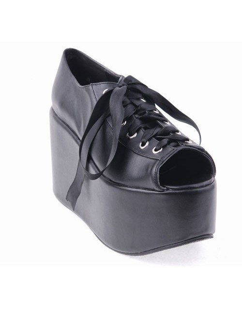 Black 3.9" Heel High Lovely Patent Leather Point Toe Cross Straps Platform Women Lolita Shoes