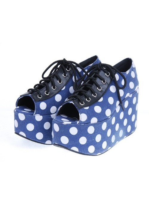 Blue 3.9" Heel High Lovely Patent Leather Point Toe Cross Straps Platform Women Lolita Shoes