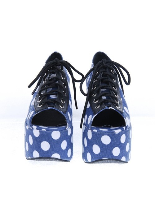 Blue 3.9" Heel High Lovely Patent Leather Point Toe Cross Straps Platform Women Lolita Shoes