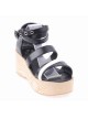 Black 2.7" Heel High Elegant PU Point Toe Ankle Straps Platform Lady Lolita Sandals