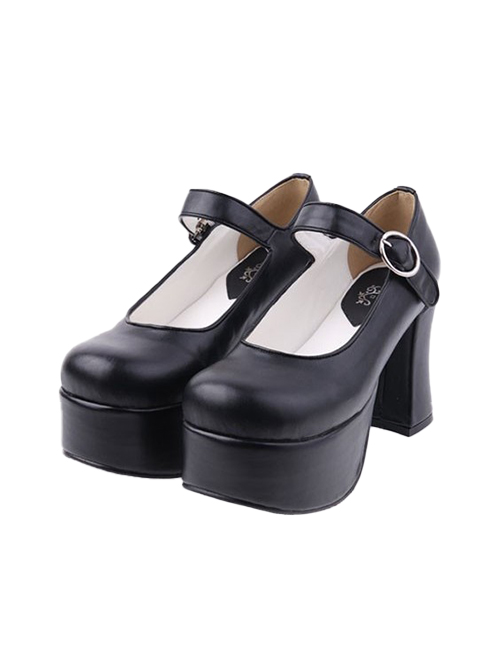 Black 3.7” Heel High Lovely PU Round Toe Cross Straps Platform Lady Lolita Shoes