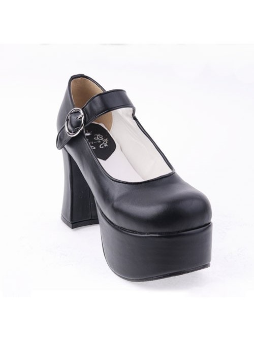 Black 3.7” Heel High Lovely PU Round Toe Cross Straps Platform Lady Lolita Shoes