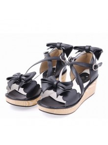 Black 2.1" Heel High Lovely PU Point Toe Bowknot Platform Lady Lolita Sandals