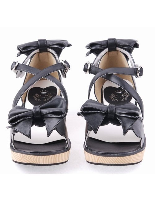 Black 2.1" Heel High Lovely PU Point Toe Bowknot Platform Lady Lolita Sandals