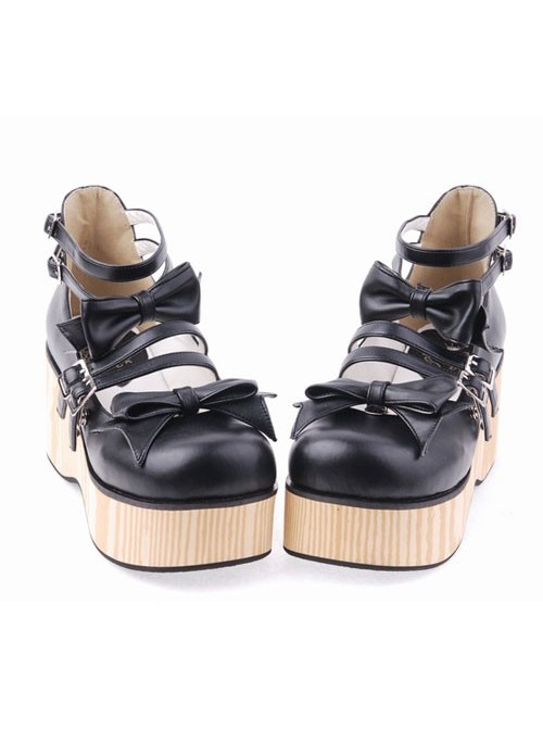 Black 2.7" Heel High Adorable Patent Leather Round Toe Bow Decoration Platform Lady Lolita Shoes