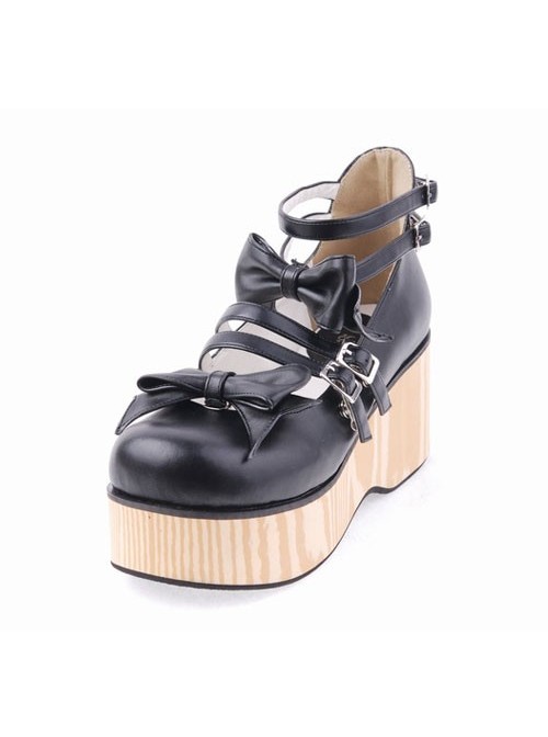 Black 2.7" Heel High Adorable Patent Leather Round Toe Bow Decoration Platform Lady Lolita Shoes