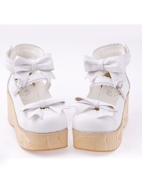 White 2.7" Heel High Special Patent Leather Round Toe Bow Decoration Platform Women Lolita Shoes