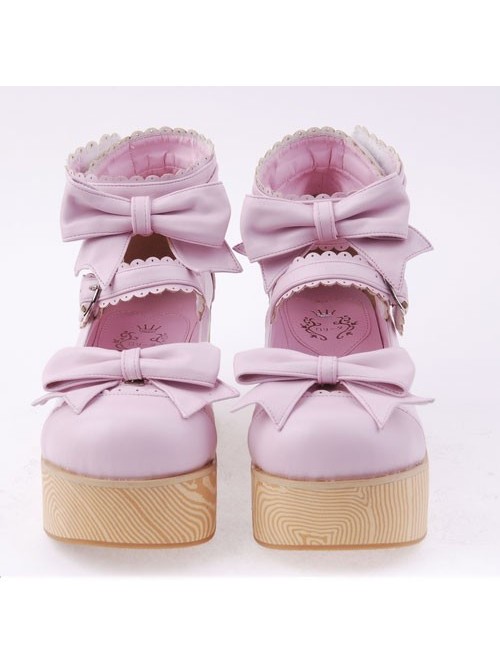 Pink 2.7" Heel High Beautiful Patent Leather Round Toe Bow Decoration Platform Women Lolita Shoes