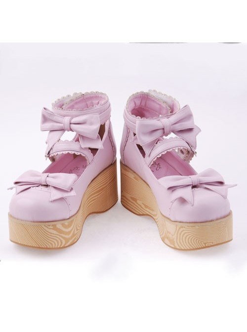 Pink 2.7" Heel High Beautiful Patent Leather Round Toe Bow Decoration Platform Women Lolita Shoes