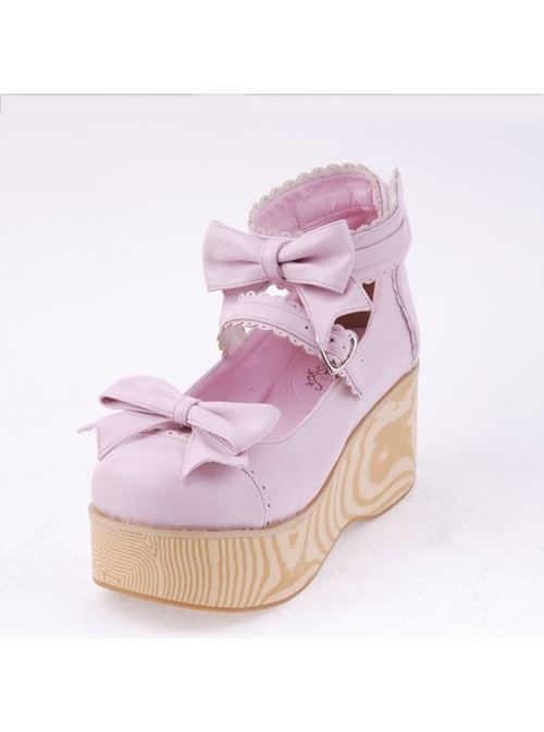 Pink 2.7" Heel High Beautiful Patent Leather Round Toe Bow Decoration Platform Women Lolita Shoes