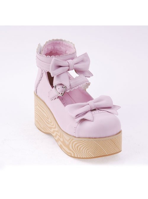 Pink 2.7" Heel High Beautiful Patent Leather Round Toe Bow Decoration Platform Women Lolita Shoes