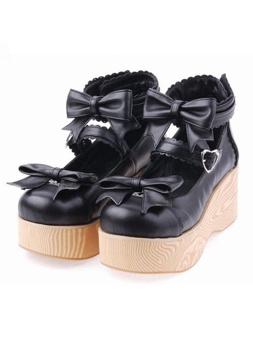 Black 2.7" Heel High Lovely Patent Leather Round Toe Bow Decoration Platform Women Lolita Shoes