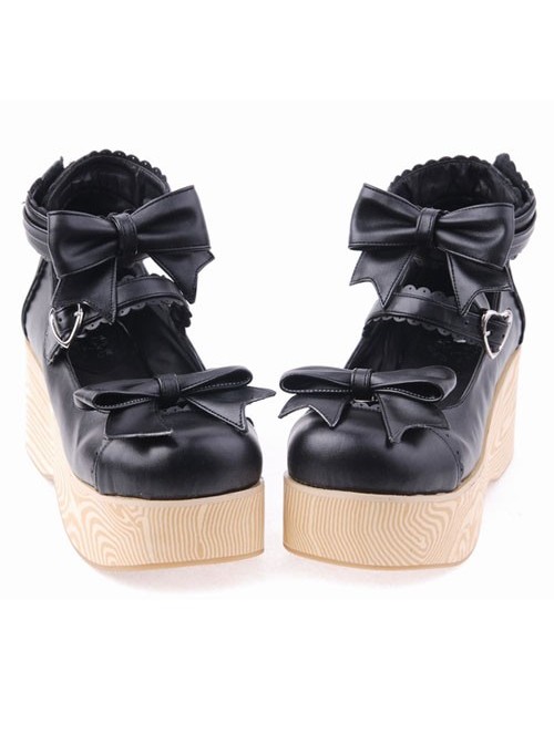 Black 2.7" Heel High Lovely Patent Leather Round Toe Bow Decoration Platform Women Lolita Shoes