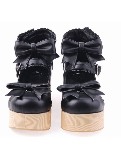 Black 2.7" Heel High Lovely Patent Leather Round Toe Bow Decoration Platform Women Lolita Shoes