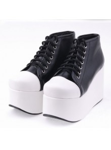 Black 3.9" Heel High Lovely Suede Round Toe Cross Straps Platform Women Lolita Shoes