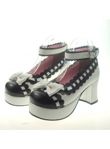White & Black 2.9" Heel High Cute Synthetic Leather Round Toe Bowknot Platform Girls Lolita Shoes