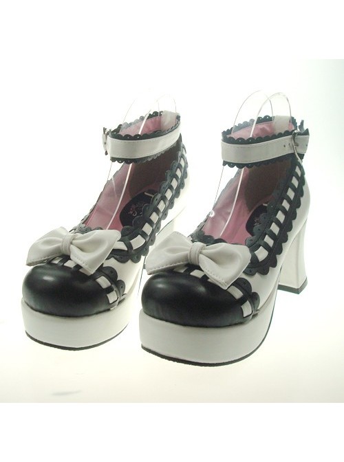 White & Black 2.9" Heel High Cute Synthetic Leather Round Toe Bowknot Platform Girls Lolita Shoes