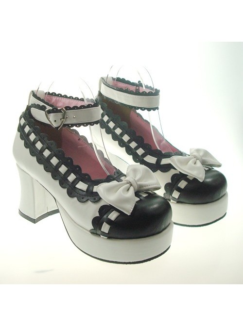 White & Black 2.9" Heel High Cute Synthetic Leather Round Toe Bowknot Platform Girls Lolita Shoes