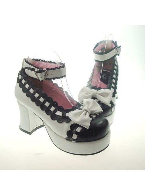 White & Black 2.9" Heel High Cute Synthetic Leather Round Toe Bowknot Platform Girls Lolita Shoes