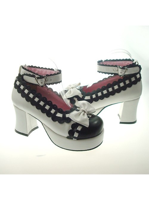White & Black 2.9" Heel High Cute Synthetic Leather Round Toe Bowknot Platform Girls Lolita Shoes