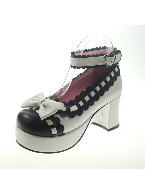 White & Black 2.9" Heel High Cute Synthetic Leather Round Toe Bowknot Platform Girls Lolita Shoes