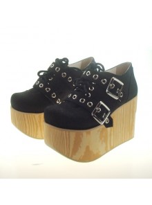 Black 3.7” Heel High Special Lint Round Toe Cross Straps Platform Girls Lolita Shoes