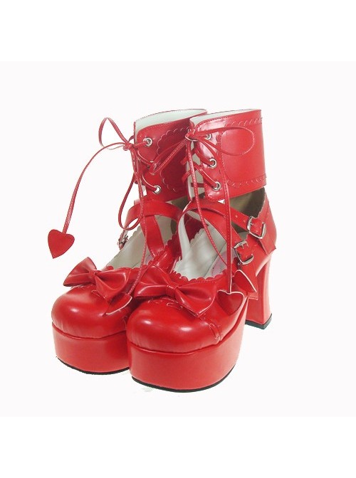 Red 3.7" Heel High Romatic Patent Leather Round Toe Ankle Straps Platform Women Lolita Shoes