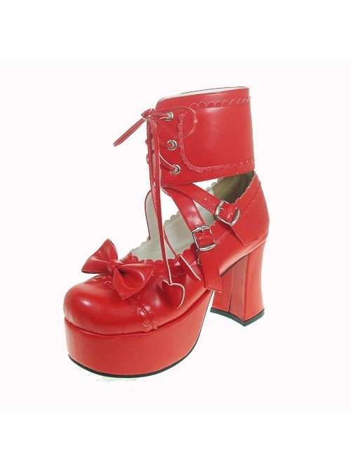 Red 3.7" Heel High Romatic Patent Leather Round Toe Ankle Straps Platform Women Lolita Shoes