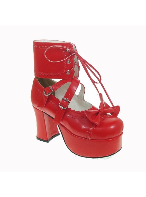 Red 3.7" Heel High Romatic Patent Leather Round Toe Ankle Straps Platform Women Lolita Shoes