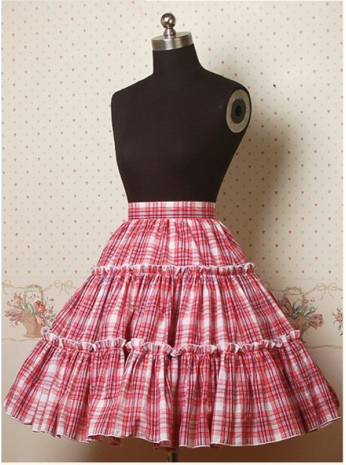 Red Check Pattern Ruffle Lolita Skirt