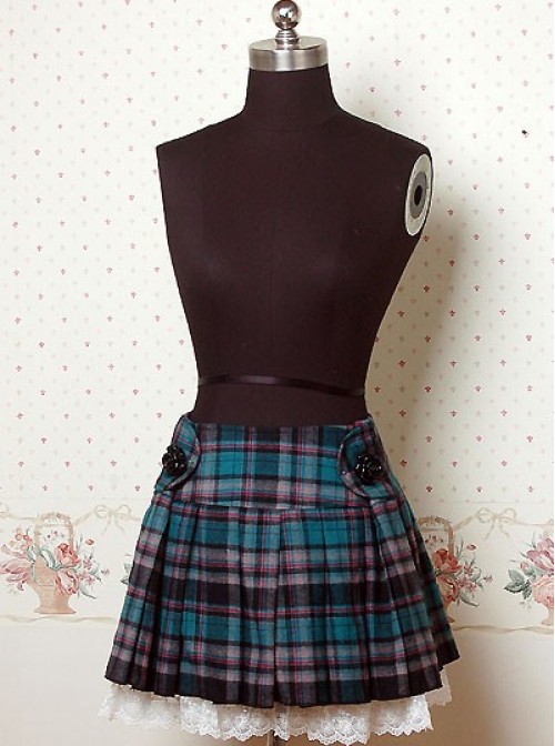 Blue Check Pattern Pleated Lolita Skirt
