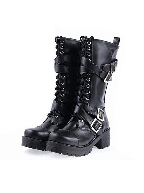 Black 2.2" High Heel Stylish Patent Leather Straps Buckles Gothic Lady Lolita Boots