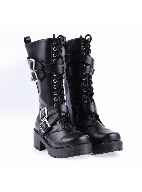 Black 2.2" High Heel Stylish Patent Leather Straps Buckles Gothic Lady Lolita Boots