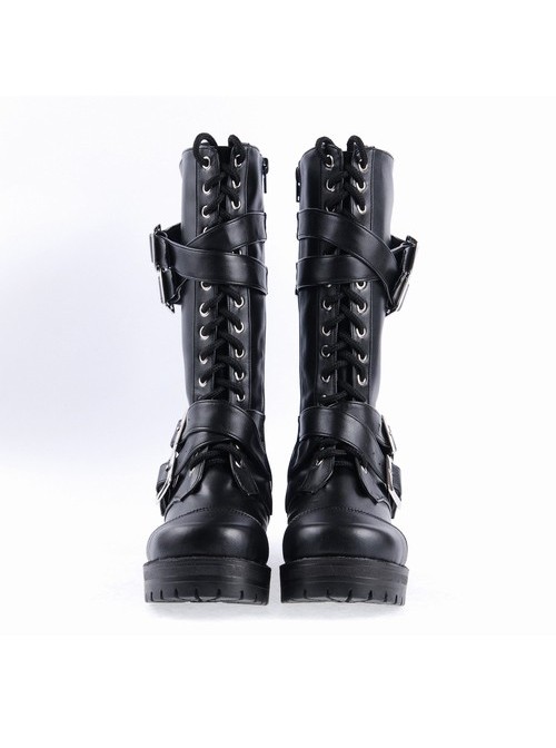 Black 2.2" High Heel Stylish Patent Leather Straps Buckles Gothic Lady Lolita Boots