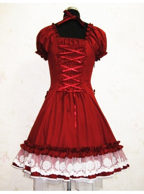 Cute Short Sleeves Red Cotton Lolita Dress