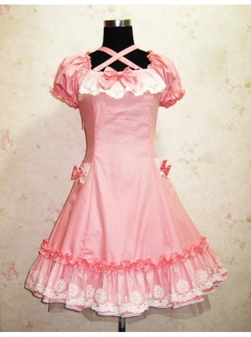 Cute Short Sleeves Pink Cotton Lolita Dress