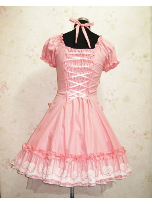 Cute Short Sleeves Pink Cotton Lolita Dress