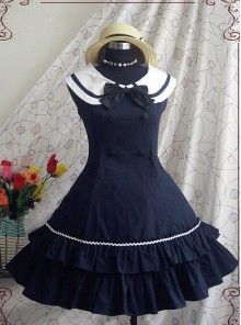 Blue Sleeveless Bow Preppy Style Cotton Lolita Dress