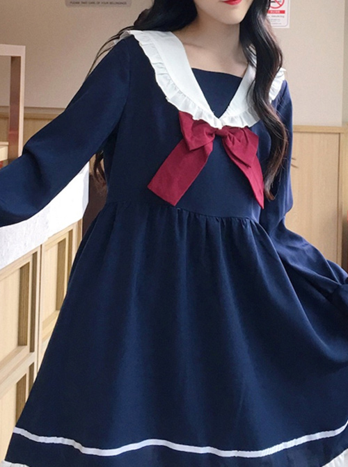 Blue Long Sleeves Bow Chiffon School Lolita Dress