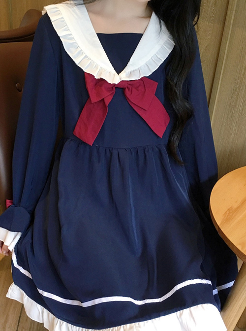 Blue Long Sleeves Bow Chiffon School Lolita Dress