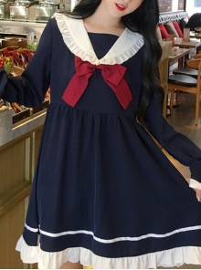 Blue Long Sleeves Bow Chiffon School Lolita Dress