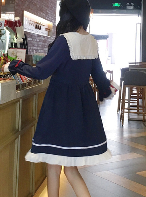 Blue Long Sleeves Bow Chiffon School Lolita Dress